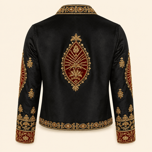 Royal Black & Maroon Handmade-Embroidered Luxury Silk Jacket – 0093M