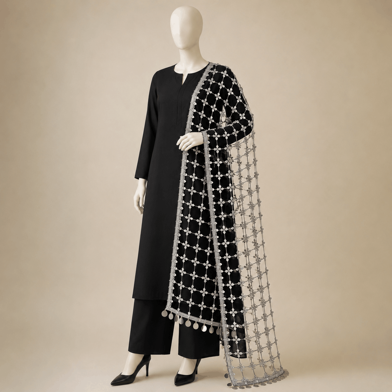 Black & Silver Embellished Handmade Dupatta – 0128M