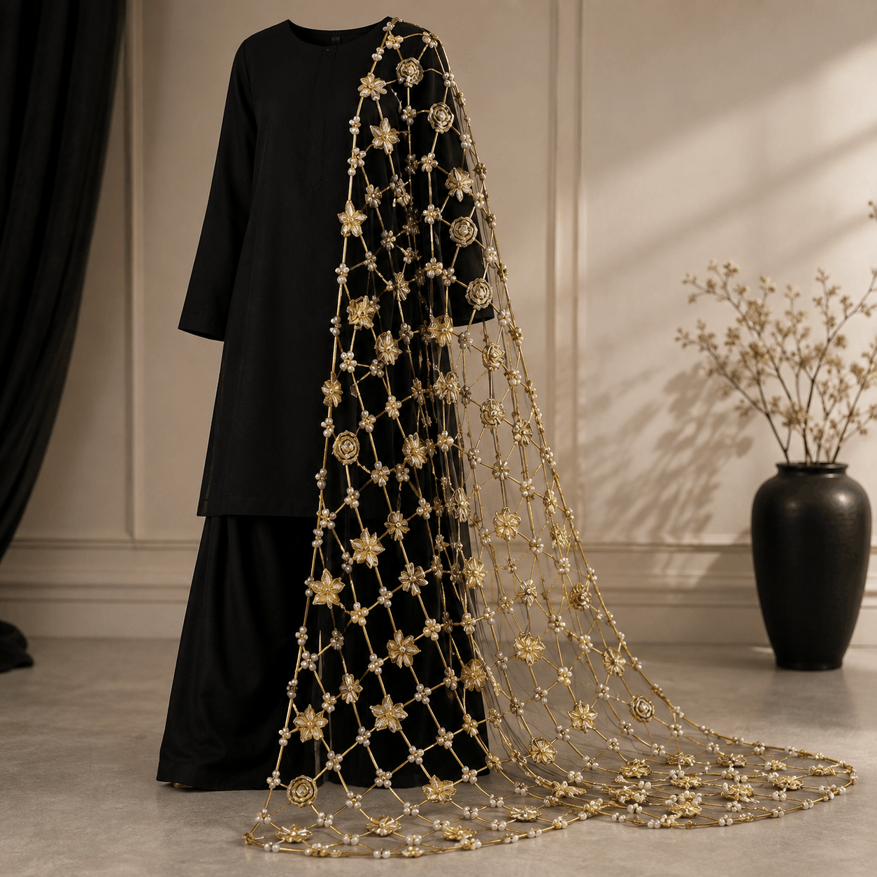 Midnight Noir Pearl Handmade Dupatta – SKU: 0127M