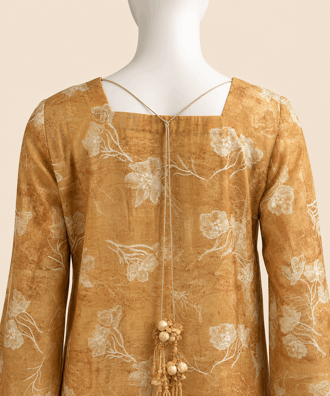 Golden Mocha Floral Embroidery Long Shirt Set – 0132M