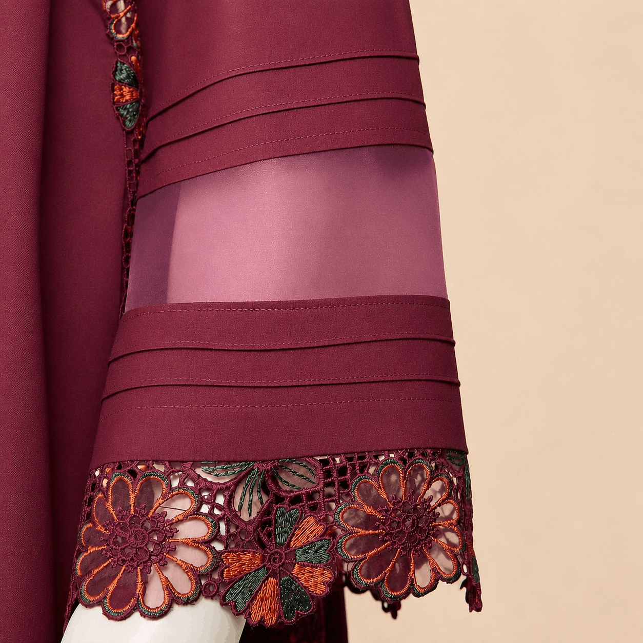 Burgundy Floral Lace Organza patch-Sleeve 2-Piece Suit – 0076M