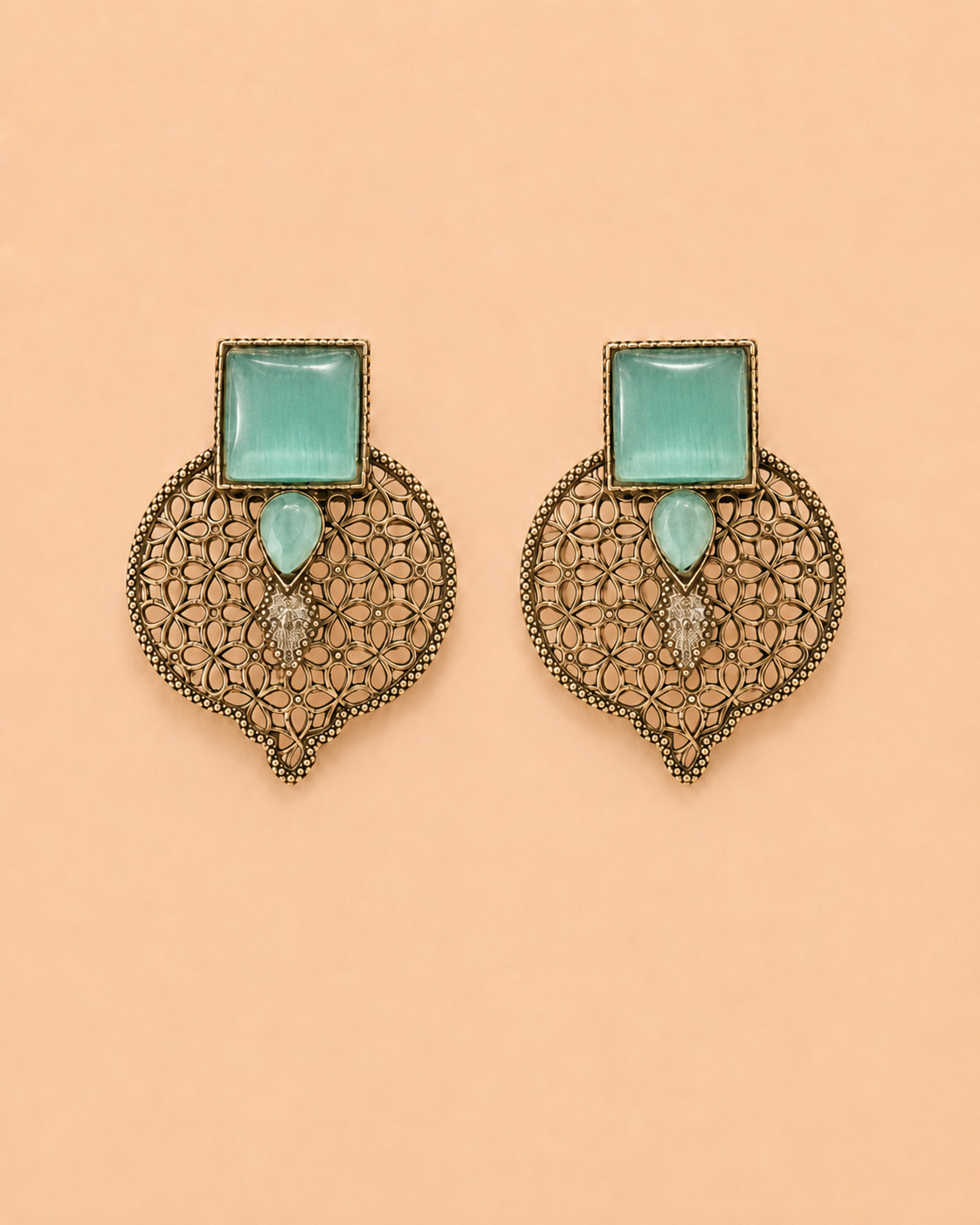 Light Gold Oxidised Earrings with Transparent Mint Green Stones – SKU 0009M