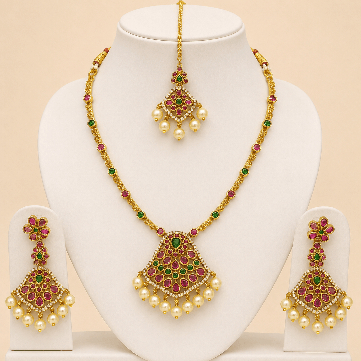 Ruby Emerald Pearl Bridal Jewellery Set – 0138M