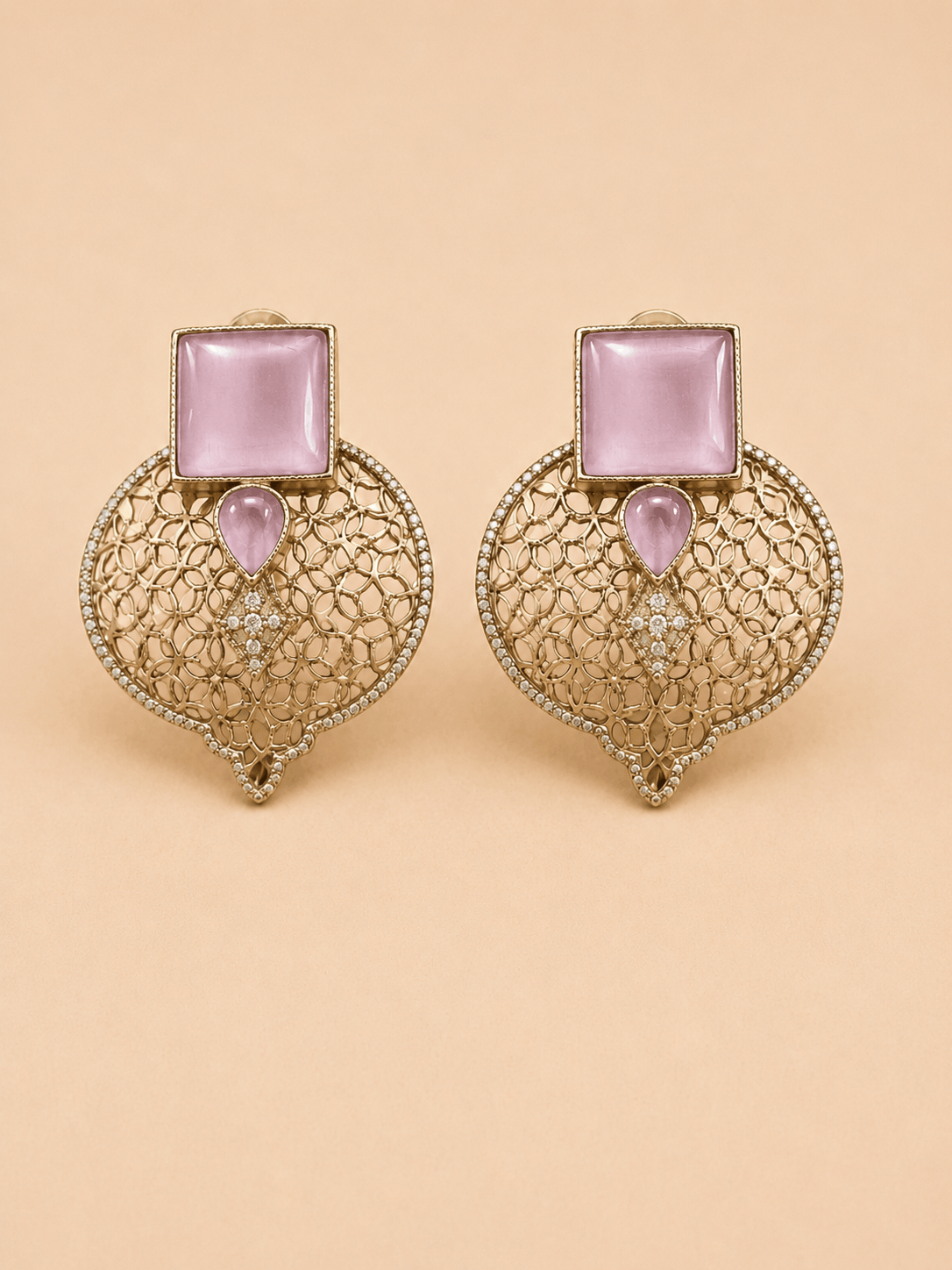 Gold Filigree Mauve Pink Stone Statement Earrings – SKU 0011M