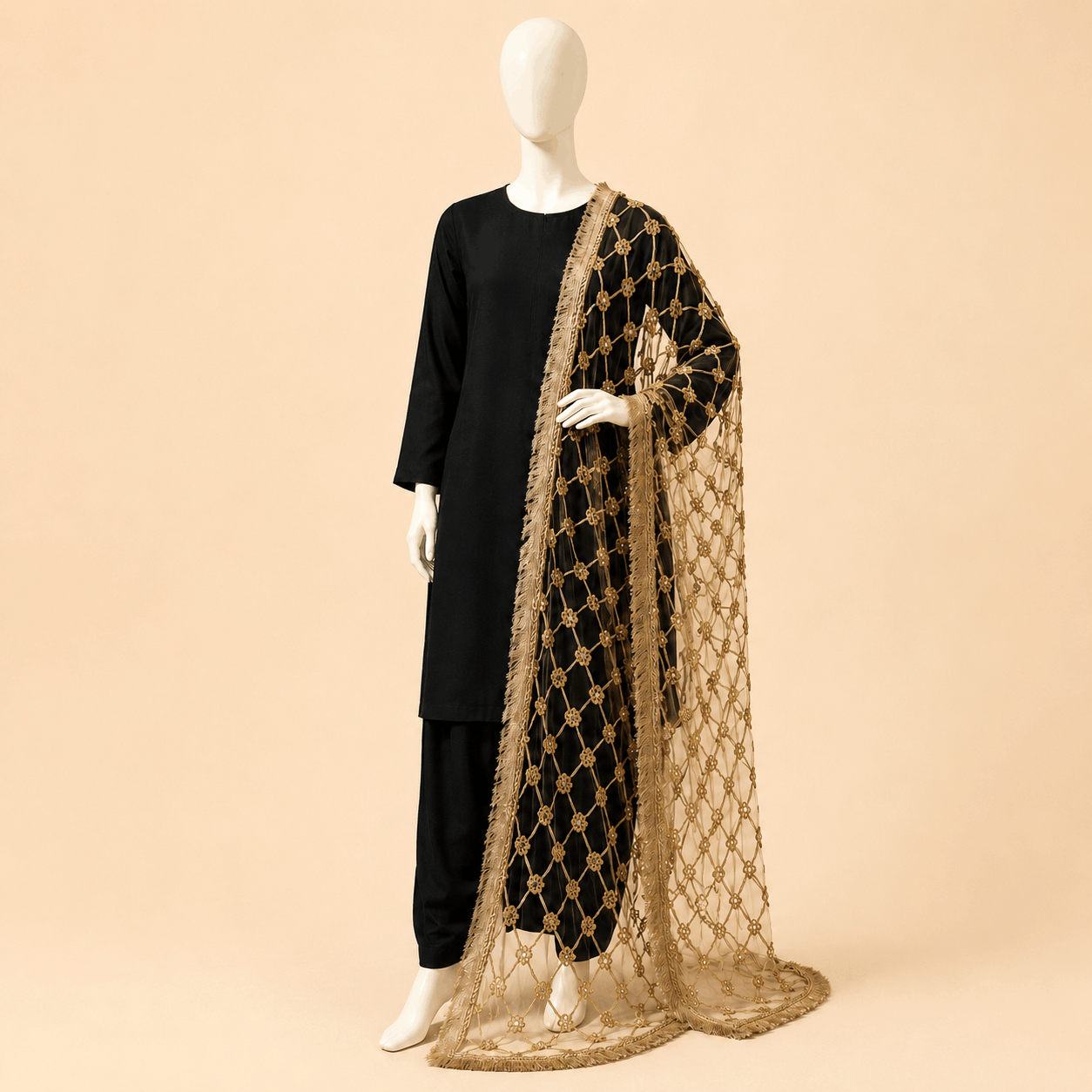 Black & Antique Gold Embellished Handmade Dupatta – 0129M