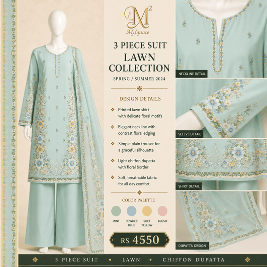 Mint Blossom Floral Printed 3-Piece Suit with Chiffon Dupatta – 0120M