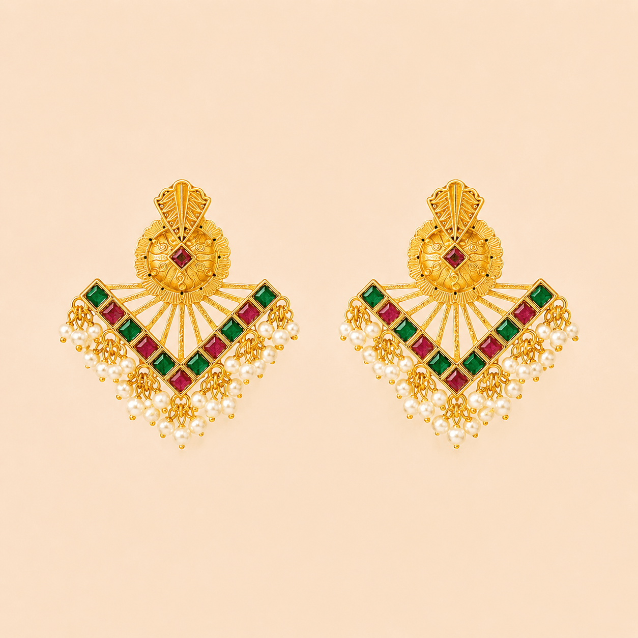 Traditional Gold Fan Drop Earrings with Pearl Hanging – Statement Ethnic Earrings 0041M