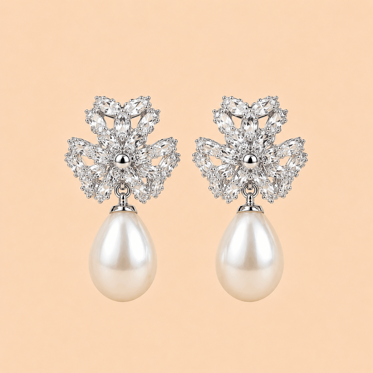 Crystal Floral Pearl Drop Earrings – Gold & Silver 0056M
