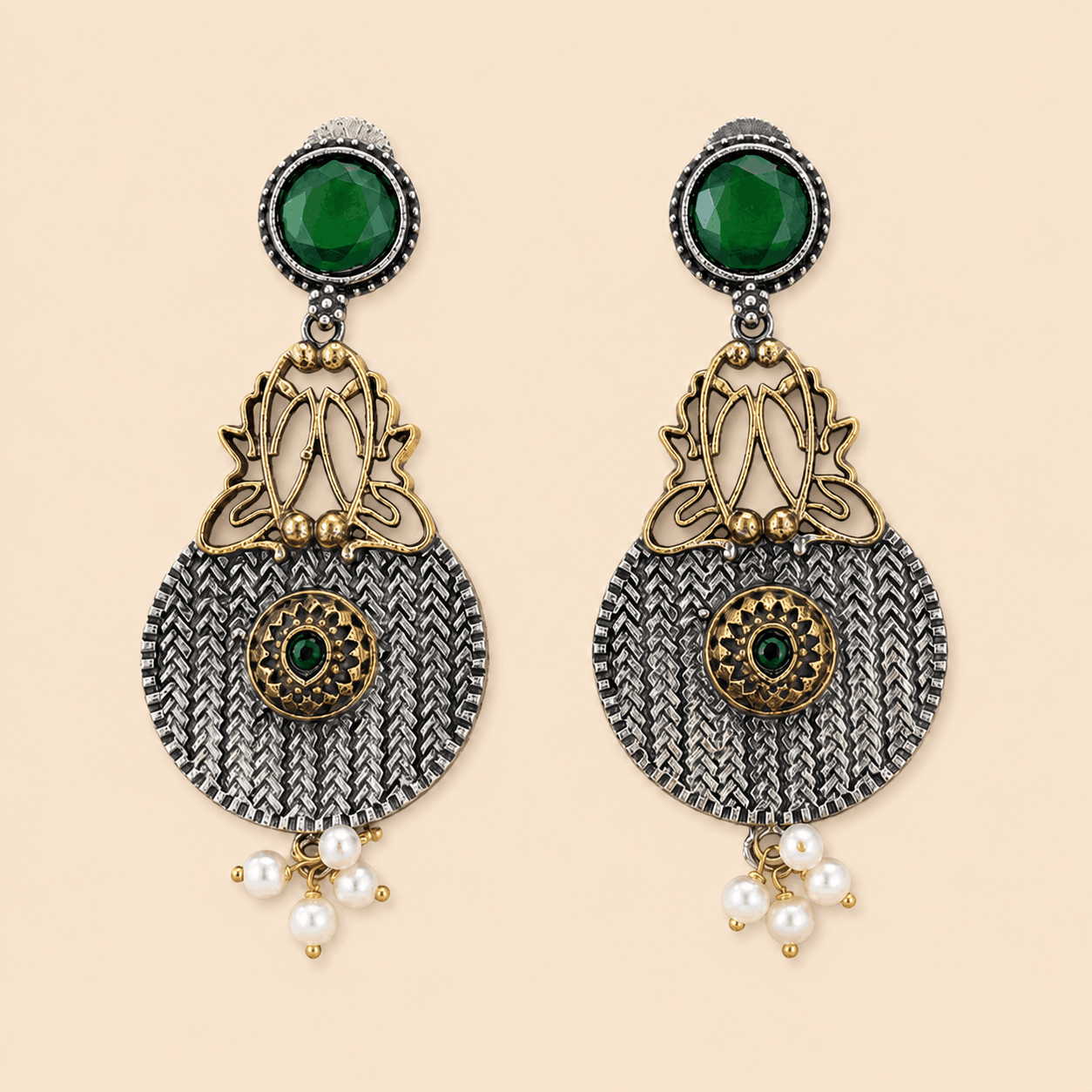Traditional Dual-Tone Stone & Pearl Drop Earrings – Ethnic Statement Earrings 0037M