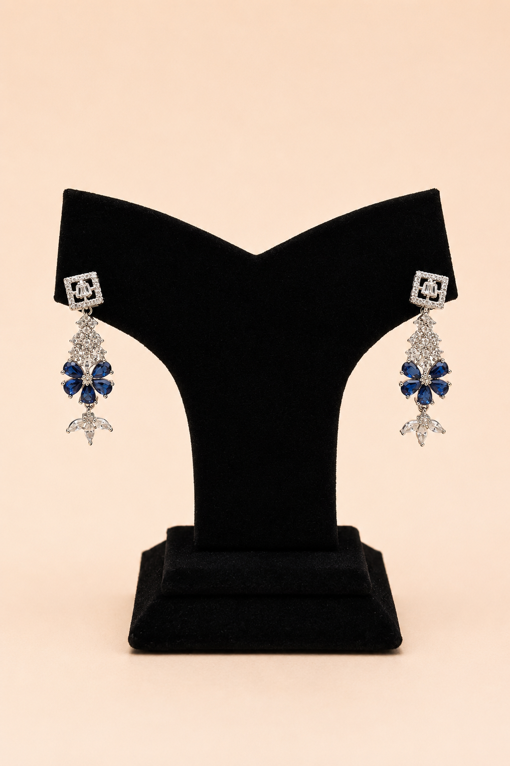 Royal Sapphire Floral Crystal Drop Earrings – Rhodium Finish | SKU: 0001M