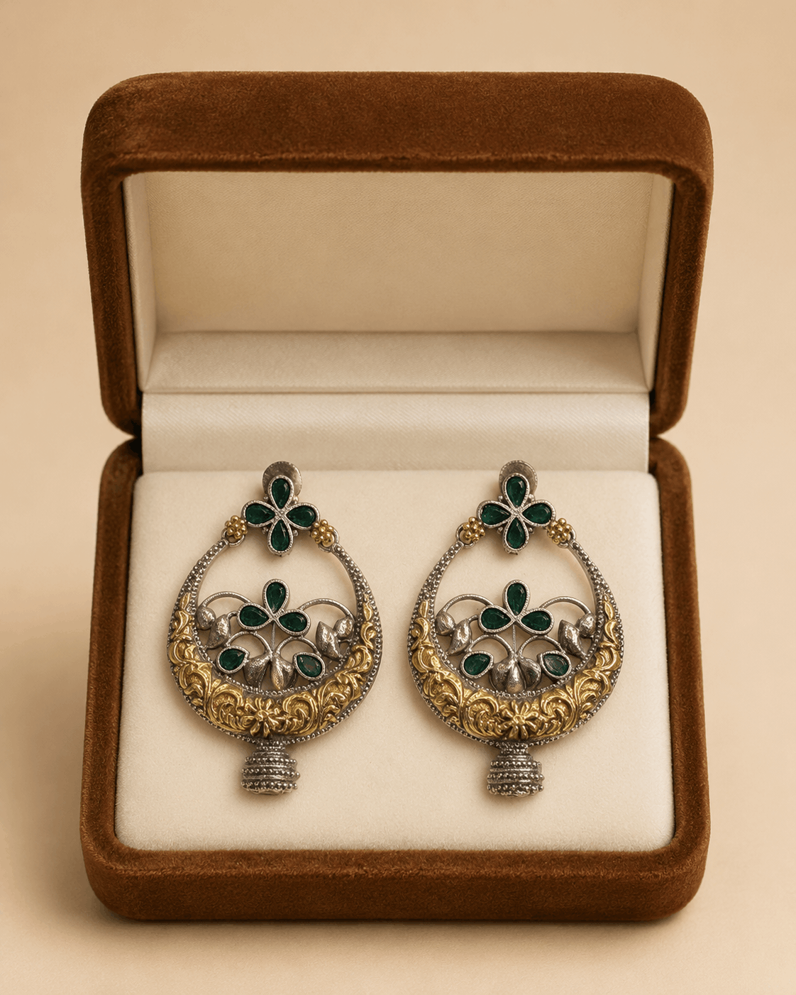 Two-Tone Emerald Green Floral Chandbali Earrings – SKU 0013M