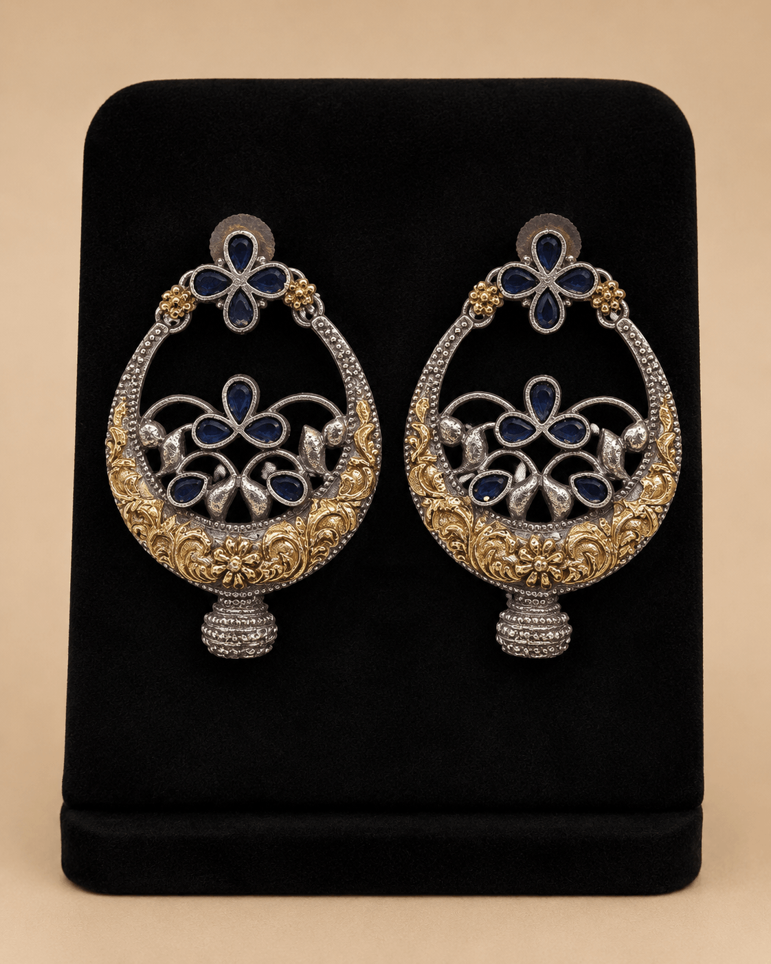 Two-Tone Navy Blue Floral Chandbali Earrings – SKU 0014M