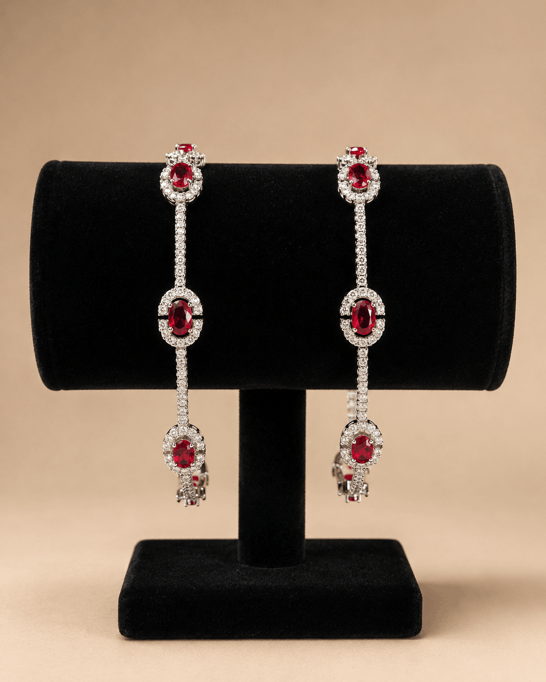 Luxury Silver-Tone Red Oval Crystal Bracelet Bangle Pair 0005M