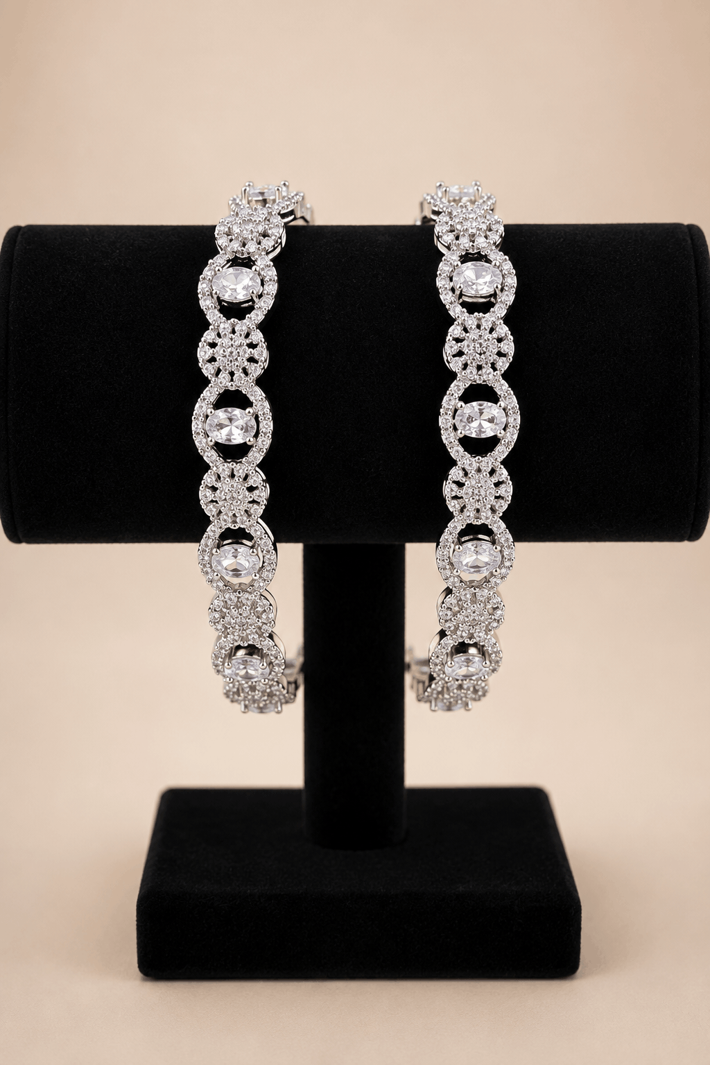 Luxury Silver-Tone Crystal Bangle Pair with Floral Oval Stone Design 0002M