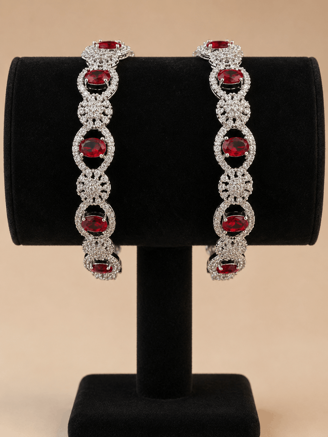 Luxury Silver-Tone Red Crystal Floral Oval Bangle Pair 0003M