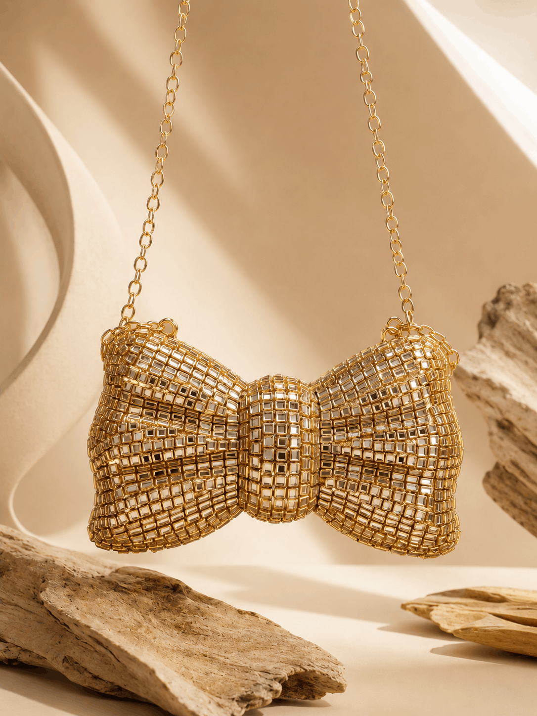 Luxury Gold Bow-Shaped Crystal Clutch Bag 0050M