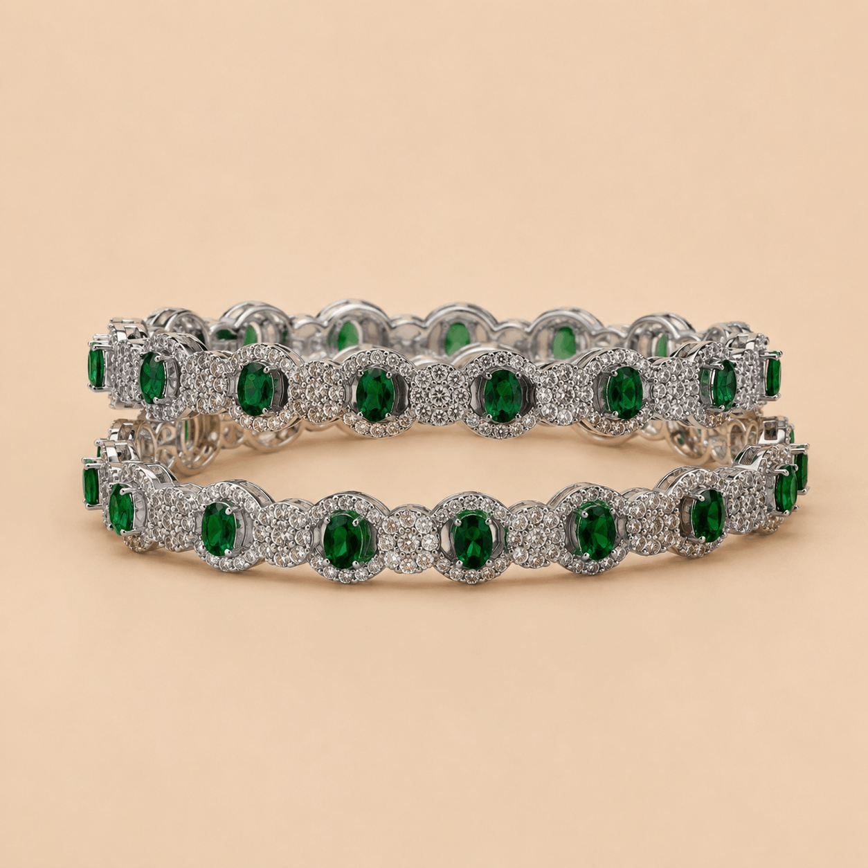 Luxury Emerald Green Crystal Tennis bangle Set with Silver-Tone Pavé Detailing – Elegant Bridal & Party Jewelry 0001M