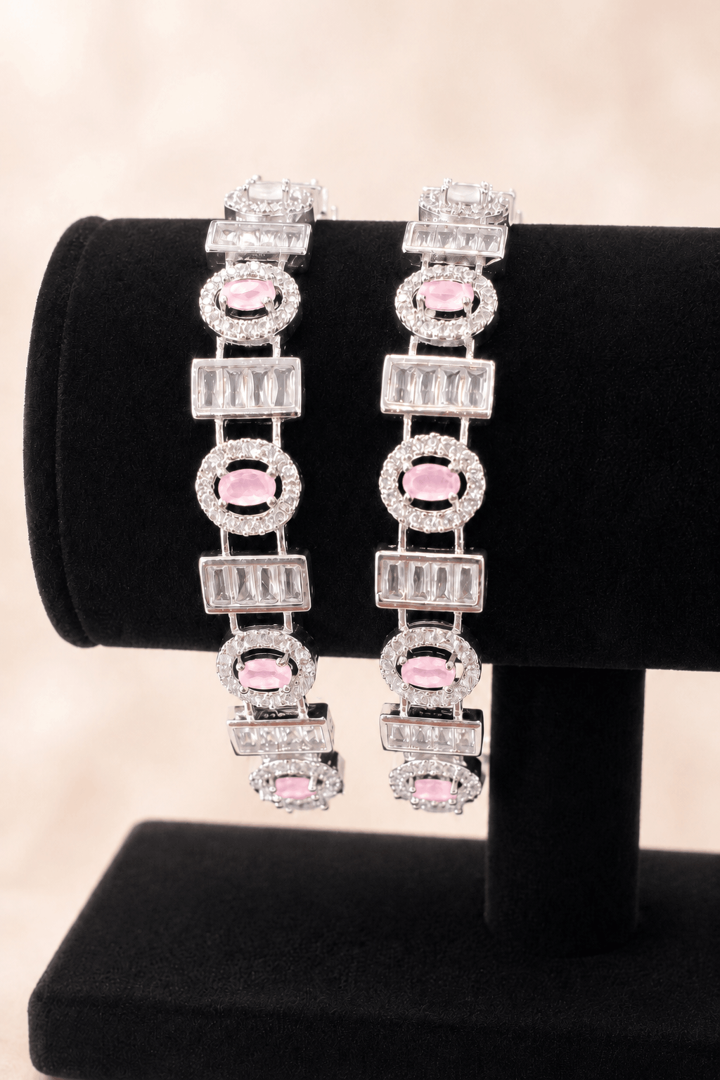 Luxury Silver-Tone Baguette & Oval Crystal Bracelet Bangle Pair 0007M