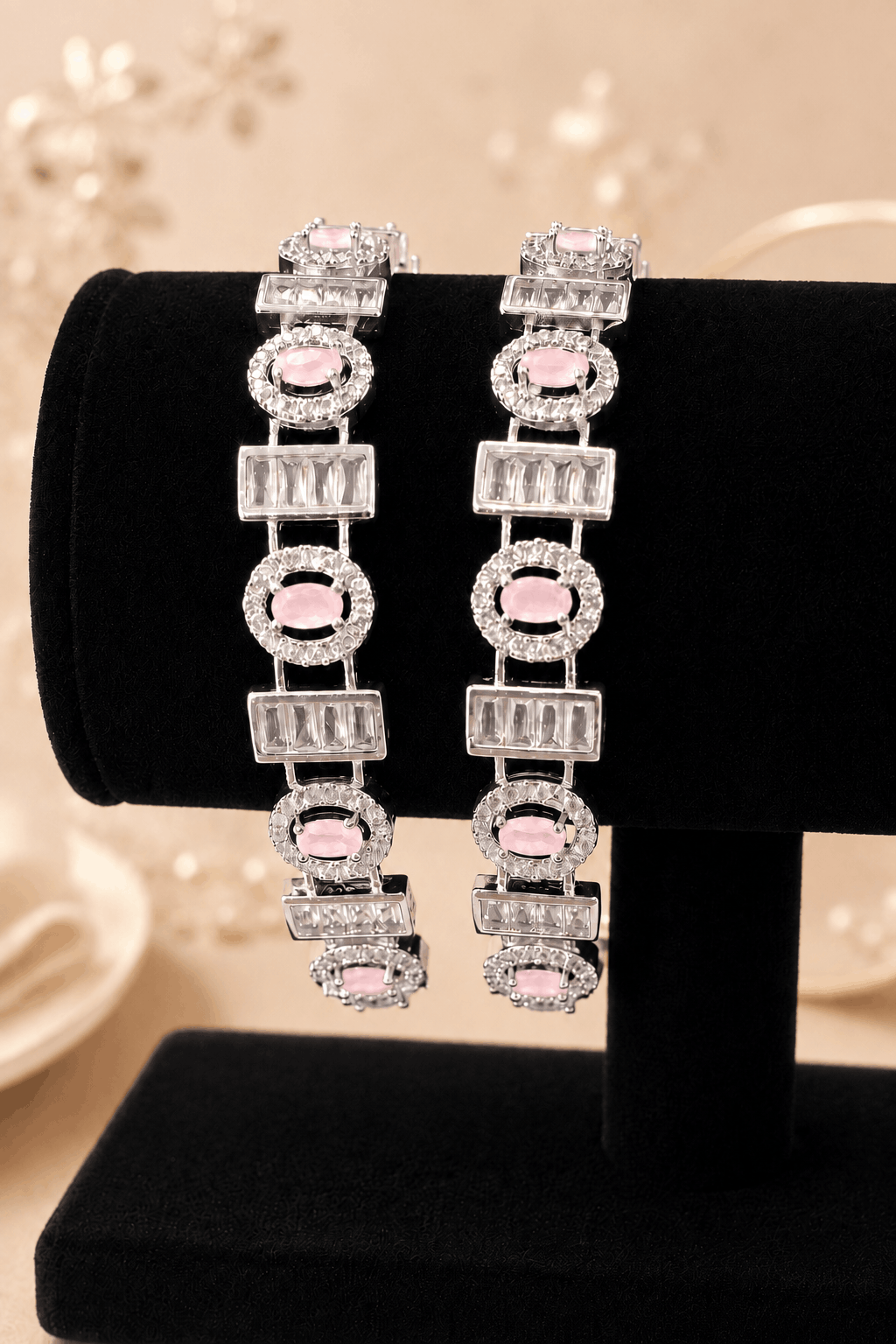 Luxury Silver-Tone Light Pink Oval & Baguette Crystal Bangle Pair 0007M