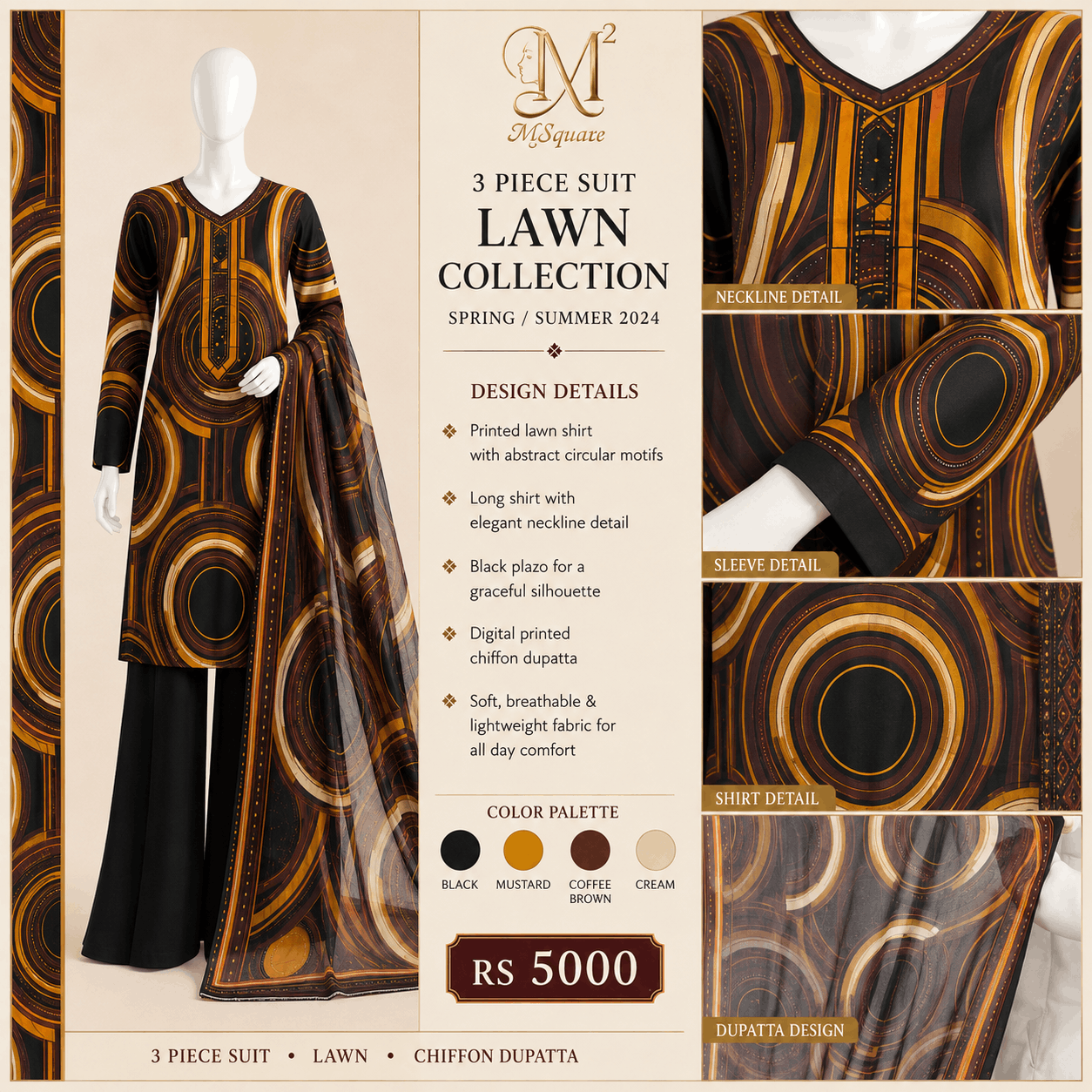 Noir Orbit Abstract Printed 3-Piece Lawn Suit with Chiffon Dupatta – 0119M