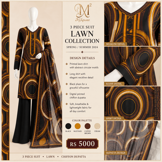 Noir Orbit Abstract Printed 3-Piece Lawn Suit with Chiffon Dupatta – 0119M