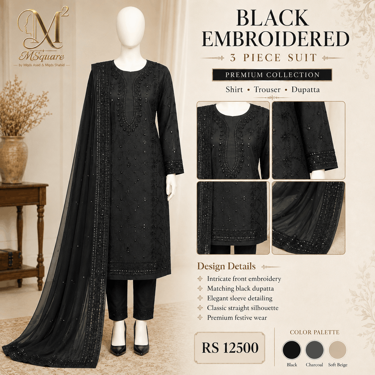 Midnight Black Embroidered 3-Piece Festive Suit – 0142M