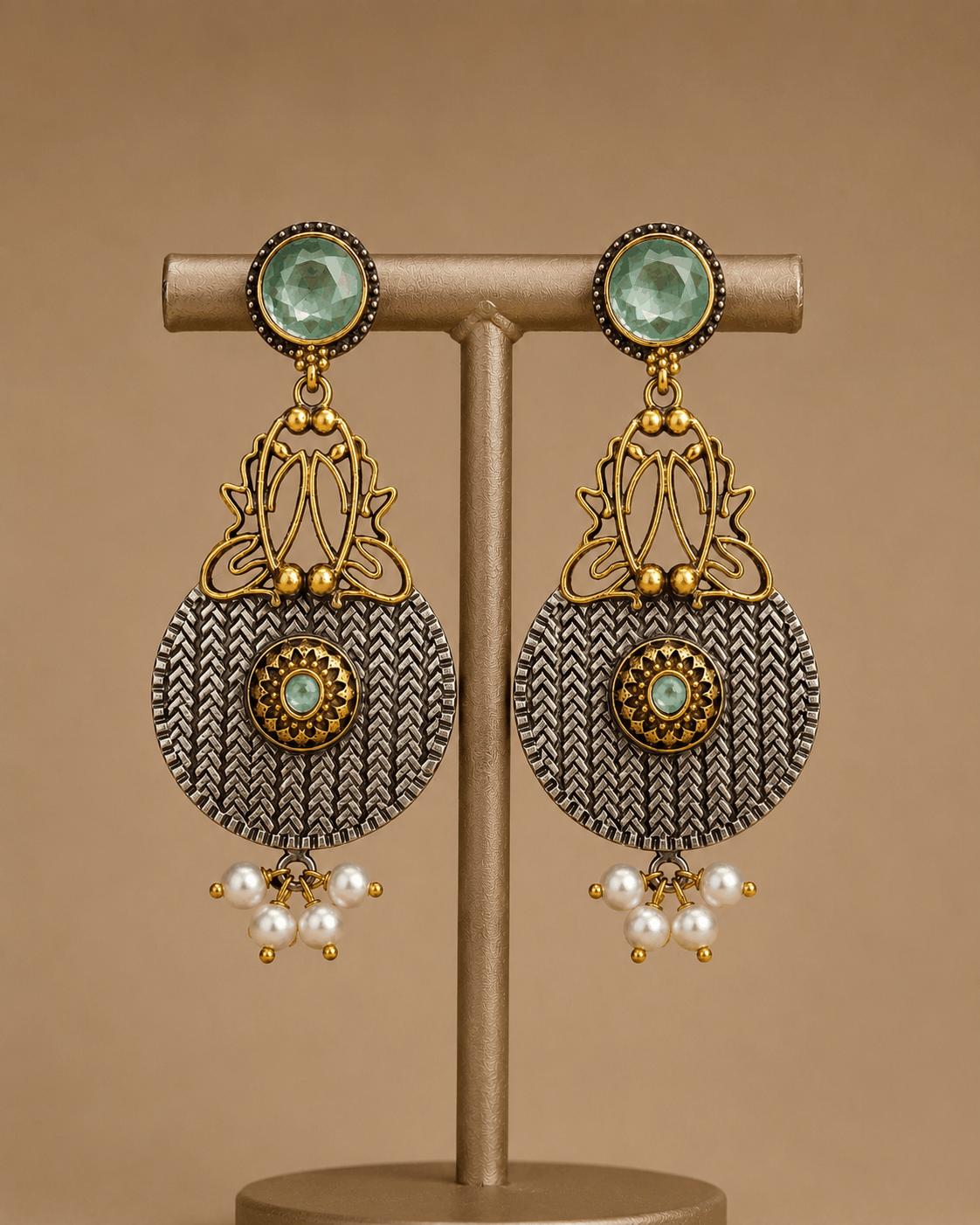 Traditional Dual-Tone Stone & Pearl Drop Earrings – Ethnic Statement Earrings 0037M