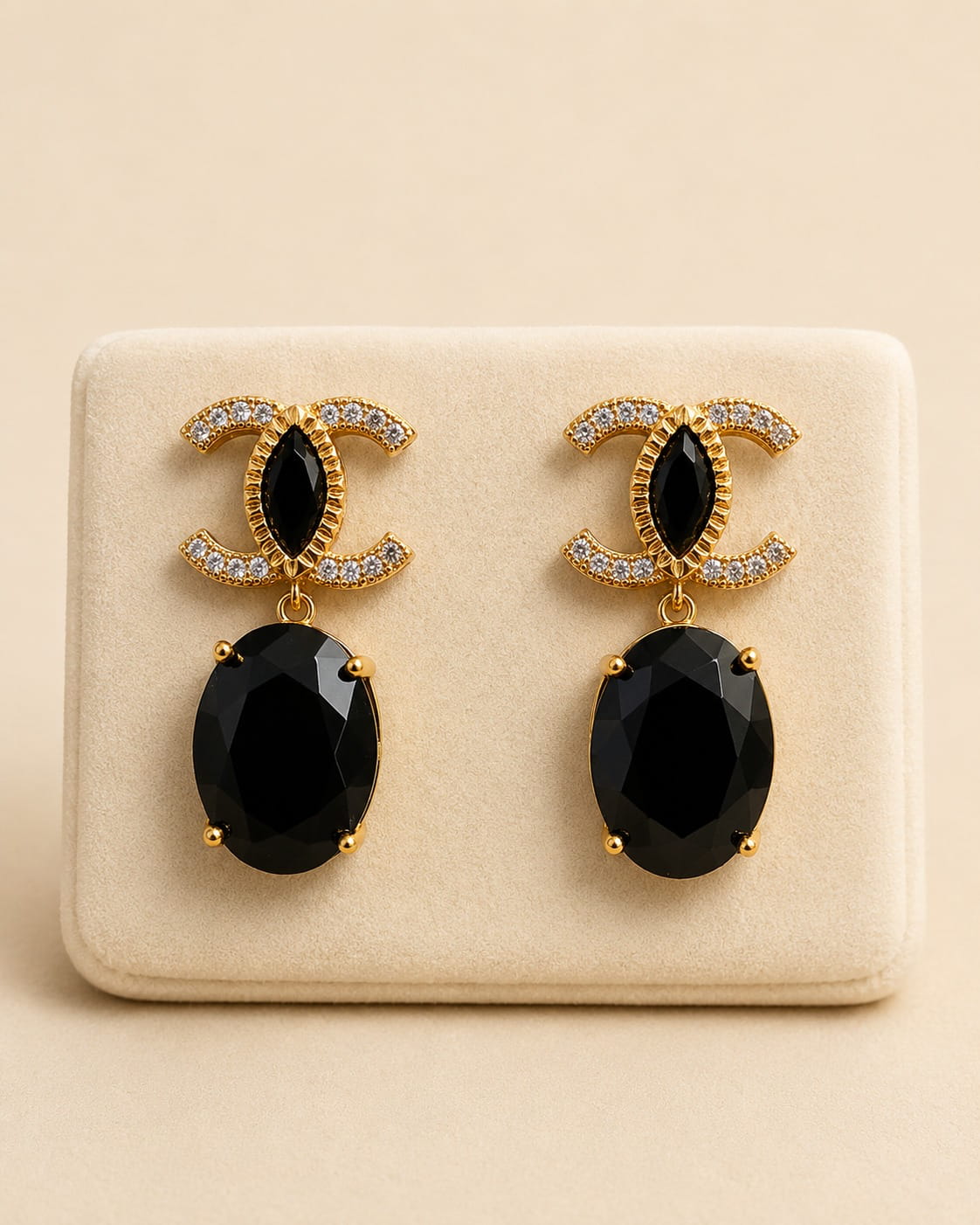 Elegant Black Stone Double-C Inspired Drop Earrings – Gold Tone Statement Earrings 0024M