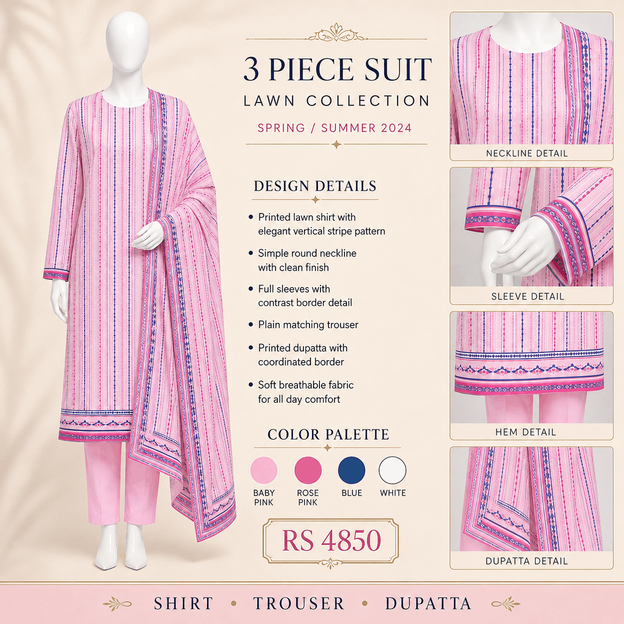 Candy Blush Striped 3-Piece Suit with Matching Dupatta – 0122M