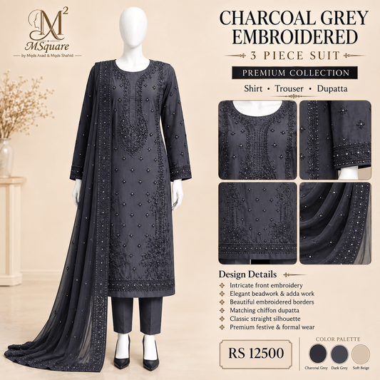 Charcoal Grey Luxury Embroidered 3-Piece Suit – 0144M