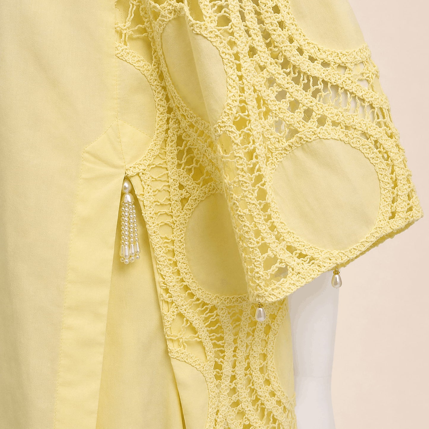 Lemon Yellow Pearl-Button Lawn Crochet work 3-Piece Suit With Lining– 0073M
