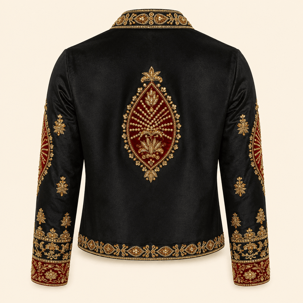 Royal Black & Maroon Handmade-Embroidered Luxury Silk Jacket – 0093M
