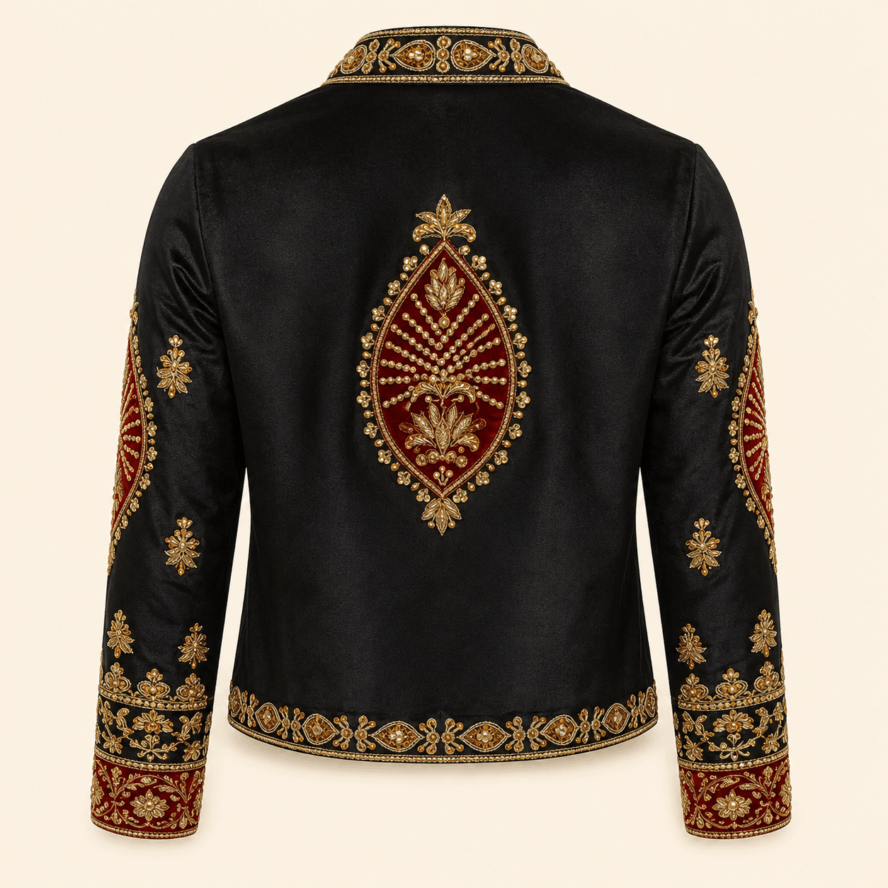 Royal Black & Maroon Handmade-Embroidered Luxury Silk Jacket – 0093M
