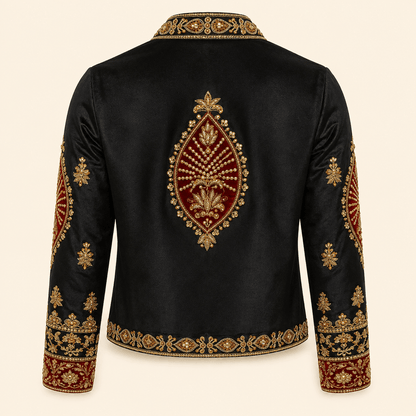 Royal Black & Maroon Handmade-Embroidered Luxury Silk Jacket – 0093M