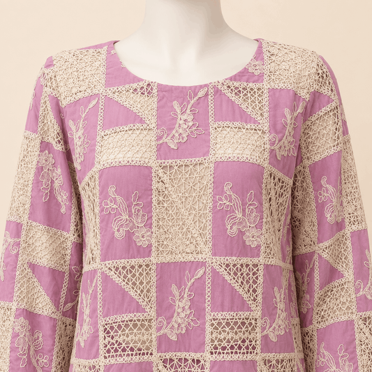 Dusty Mauve Crochet cut work lawn Embroidered – 0091M