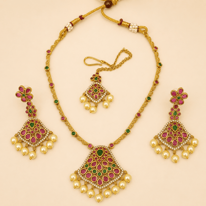 Ruby Emerald Pearl Bridal Jewellery Set – 0138M