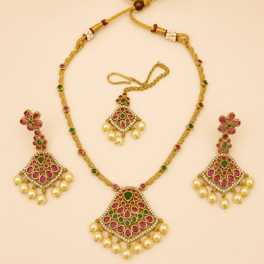 Ruby Emerald Pearl Bridal Jewellery Set – 0138M