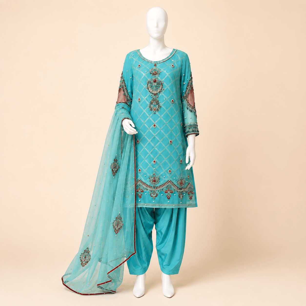 Aqua Jewel Embellished 3-Piece Suit – 0134M