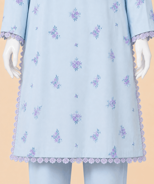 Powder Blue Floral Embroidered Lace Kurta Trouser Set 2-piece Swiss Lawn – 0125M