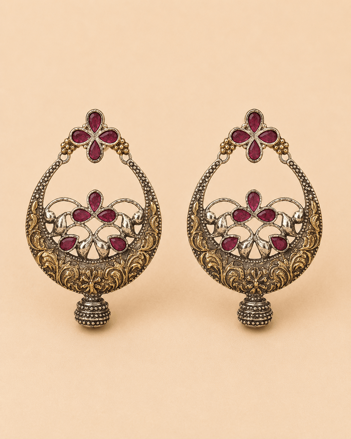 Antique Gold Ruby Red Floral Chandbali Earrings – SKU 0015M