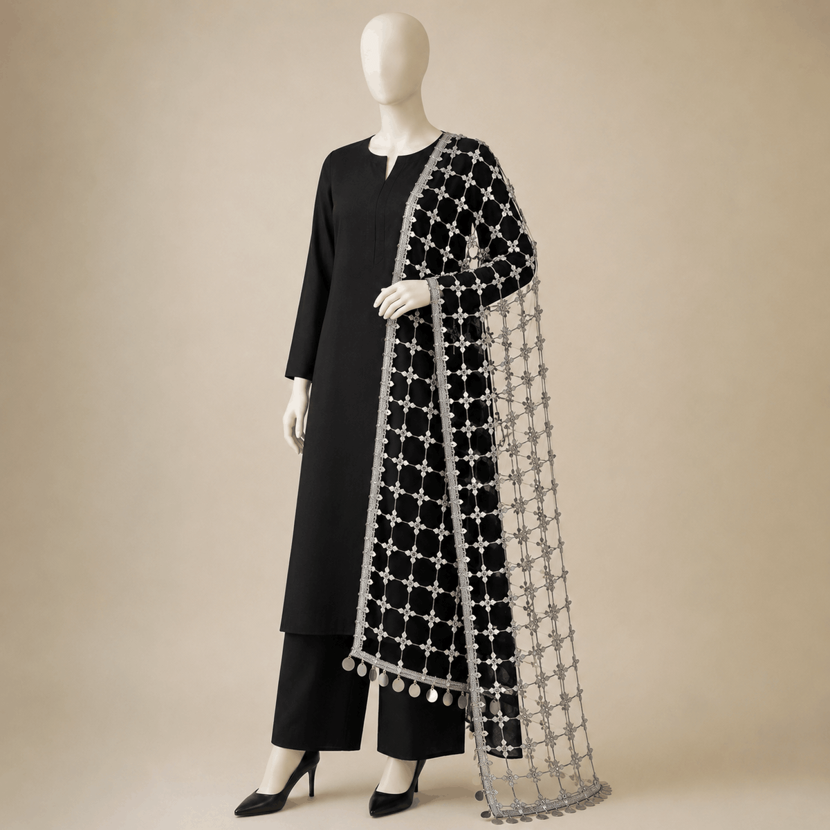 Black & Silver Embellished Handmade Dupatta – 0128M