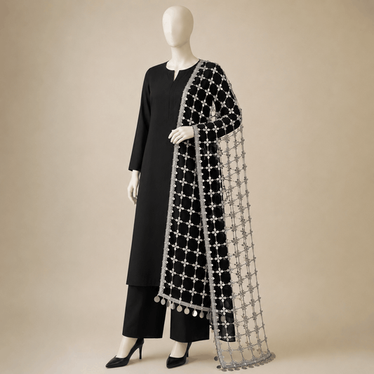 Black & Silver Embellished Handmade Dupatta – 0128M