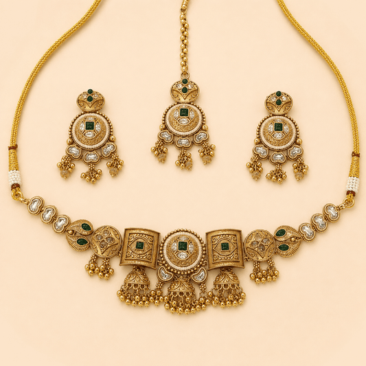Antique Gold Emerald Kundan Jhumka Necklace Set – 0150M