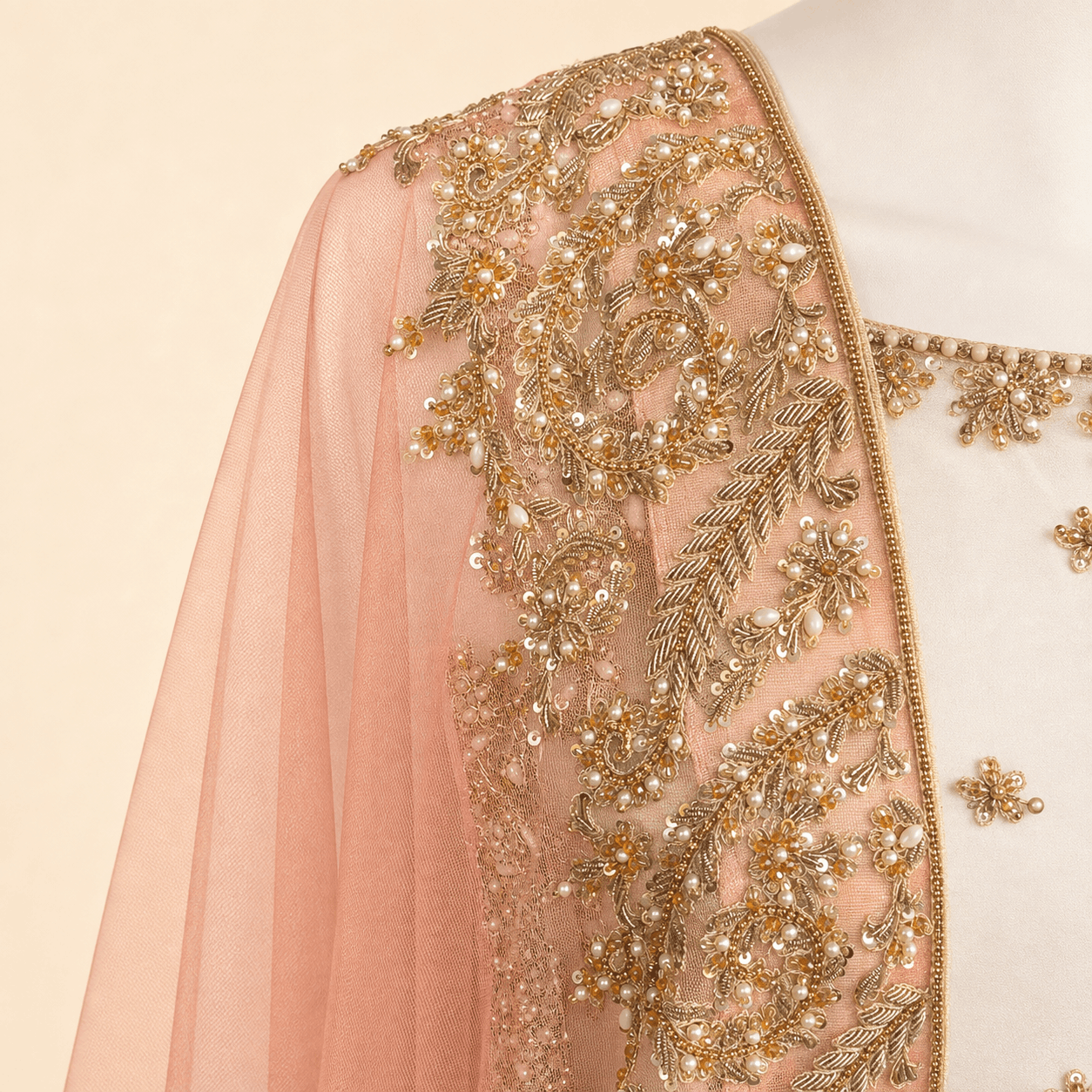 Ivory & Peach Gold Embroidered Gharara Suit with Dupatta – 0092M