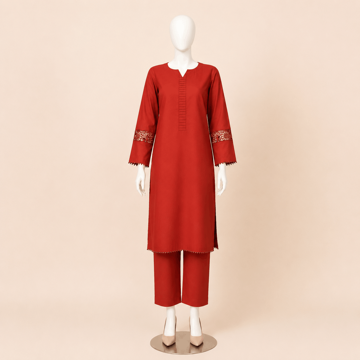Burnt Orange Pintuck Kurta with Floral Lace Sleeve Detail – 0077M