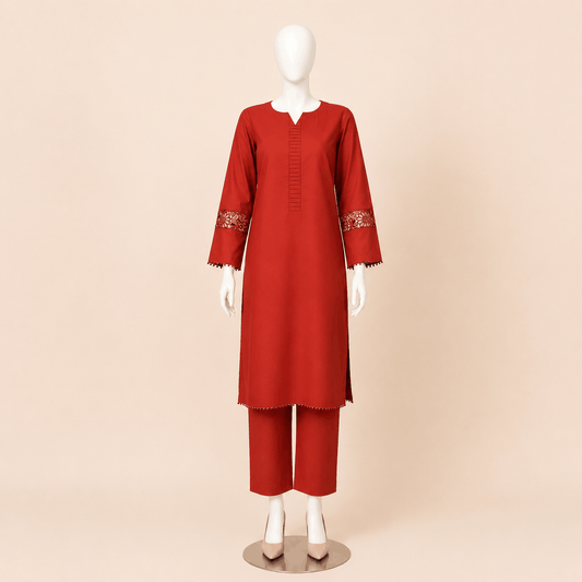 Burnt Orange Pintuck Kurta with Floral Lace Sleeve Detail – 0077M