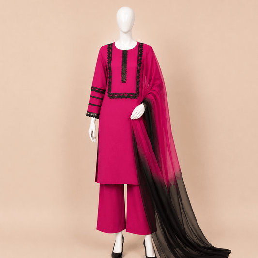 Fuchsia Pink Black Lace 3-Piece Suit with Ombre Dupatta – 0078M