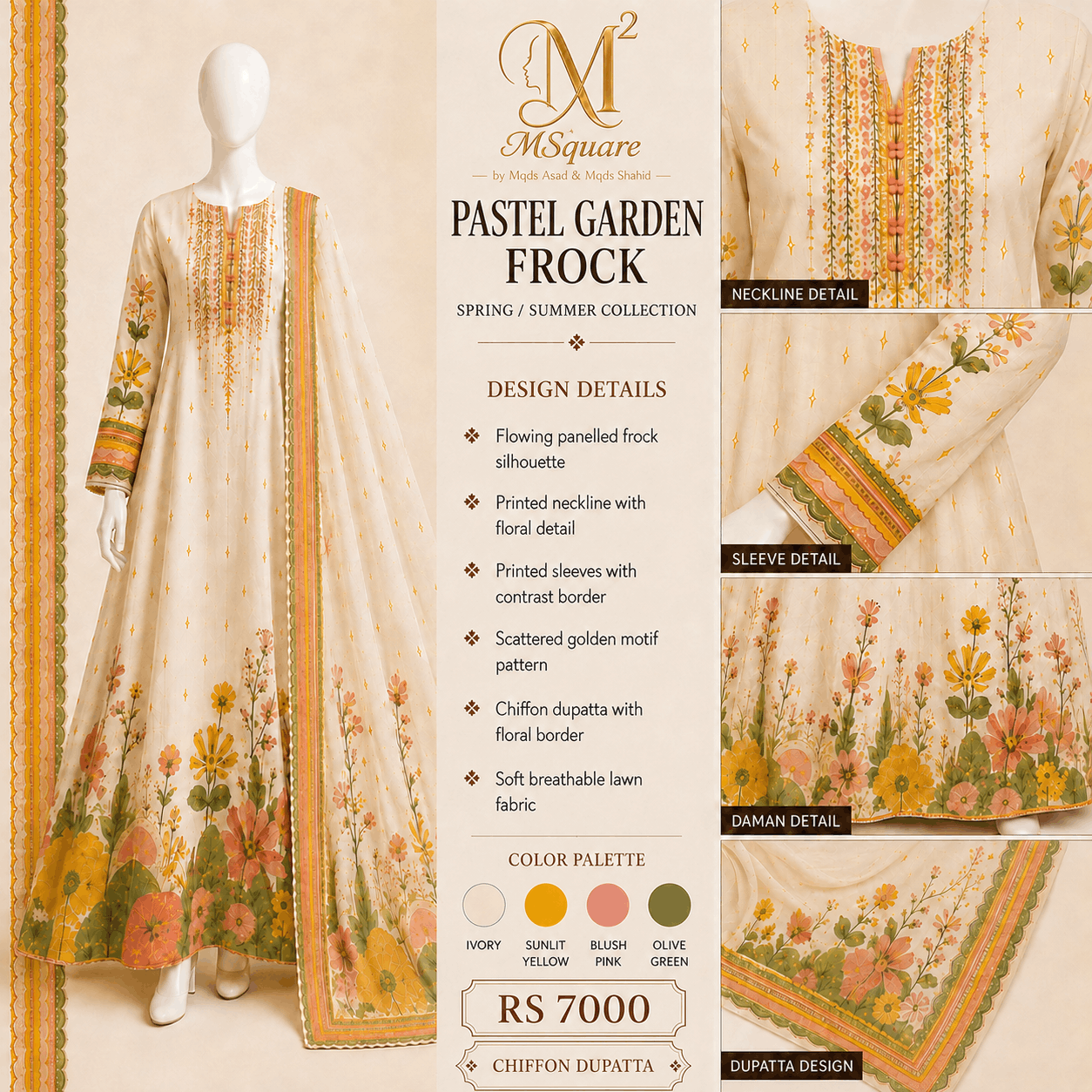 Pastel Garden Ivory Floral 2-Piece Printed Suit Frock with Chiffon Dupatta – 0117M
