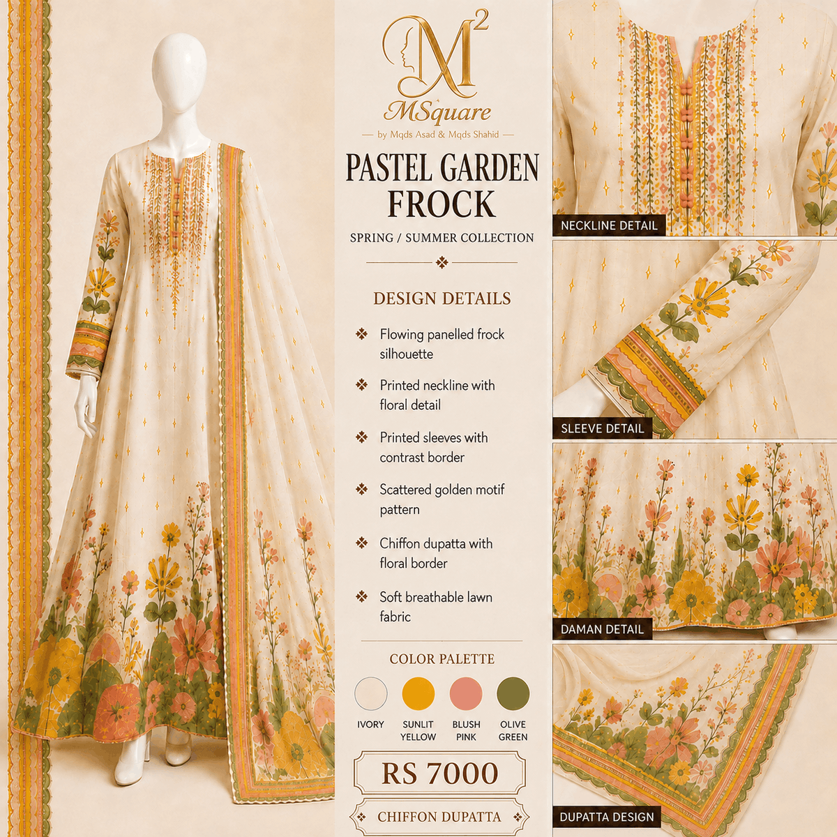 Pastel Garden Ivory Floral 2-Piece Printed Suit Frock with Chiffon Dupatta – 0117M