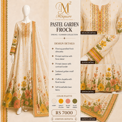 Pastel Garden Ivory Floral 2-Piece Printed Suit Frock with Chiffon Dupatta – 0117M